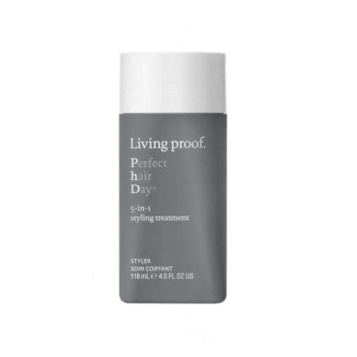 Flasche des Living Proof Perfect Hair Day 5-in-1 Styling Treatment – veganes Stylingprodukt für Glanz, Volumen und Haarpflege in einem Schritt.