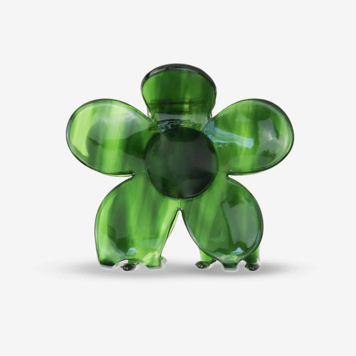 Florale Haarklammer aus Cellulose Acetat in Grün, schräge Seitenansicht für Dutts und Half up Looks mit weiem Hintergrund, SASSTIE