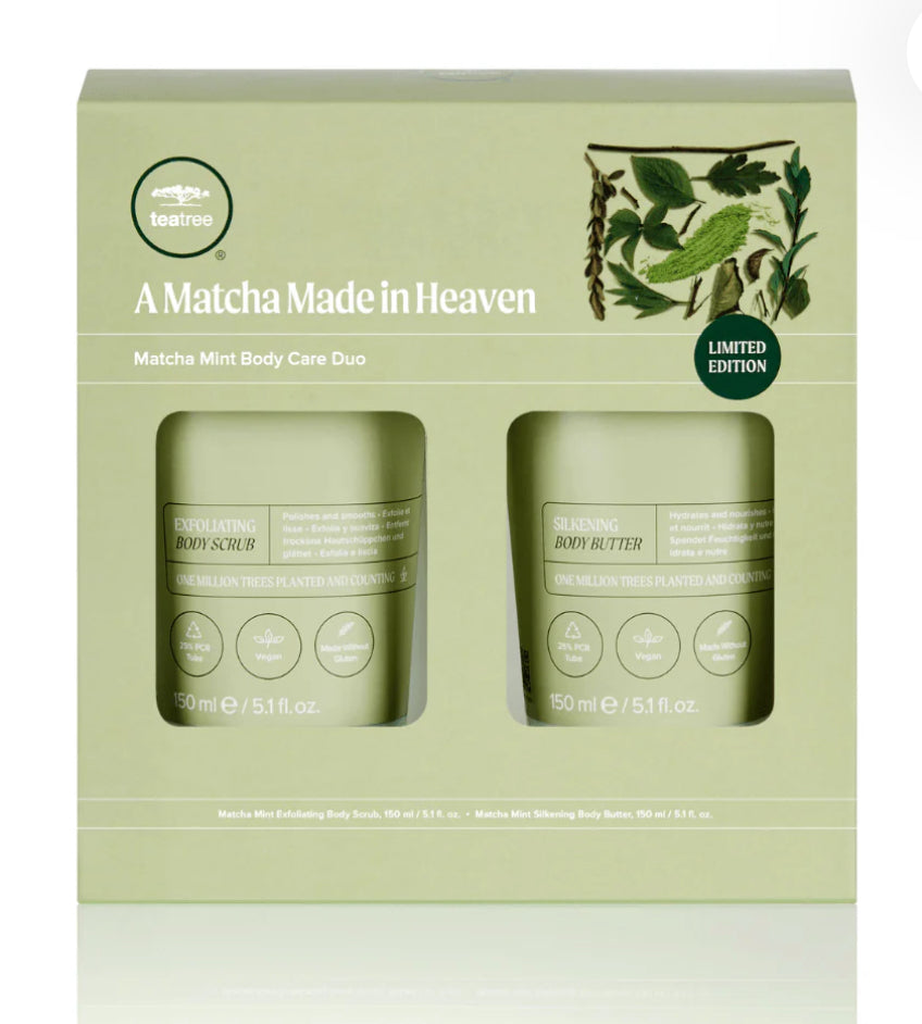 Limited Edition Body Care Duo mit Matcha, Minze & Teebaumöl – Silkening Body Butter & Exfoliating Scrub für glatte, geschmeidige Haut