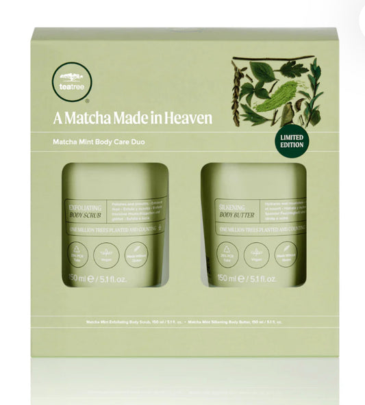 Limited Edition Body Care Duo mit Matcha, Minze & Teebaumöl – Silkening Body Butter & Exfoliating Scrub für glatte, geschmeidige Haut