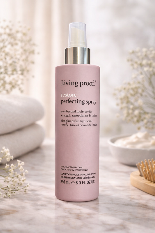 Living Proof Restore Perfecting Spray mit Hitzeschutz, Produkt stehend auf heller Steinfläche mit Handtuch und Blüten – Living Proof