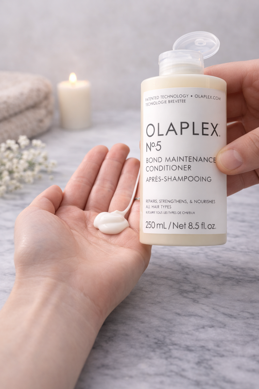 Olaplex No.5 Bond Maintenance Conditioner Anwendung, weiße Pflegecreme wird aus der Flasche auf die Hand gegeben – Olaplex