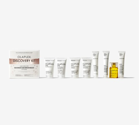 Olaplex Discovery Kit Verpackung mit einzelnen Produkten locker um die Box verteilt – Olaplex Bild 2
