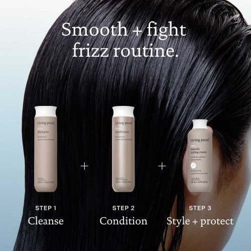 Living Proof No Frizz Pflegeroutine Darstellung Shampoo Conditioner und Stylingcreme zur Frizz Kontrolle – Living Proof