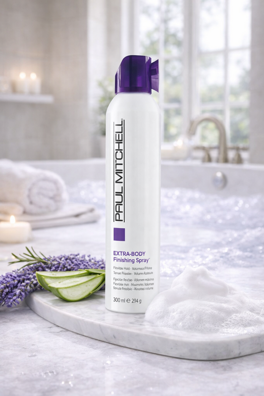 Extra Body Finishing Spray Volumen Haarspray für feines Haar, Produktflasche auf Marmorfläche im Badezimmer, Paul Mitchell