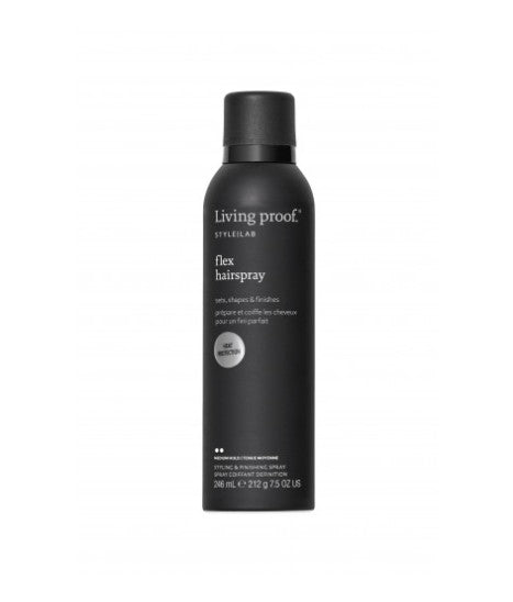 Haarspray mit Hitzeschutz und flexiblem Halt, Flasche in Schwarz Silber Design Living Proof Style Lab