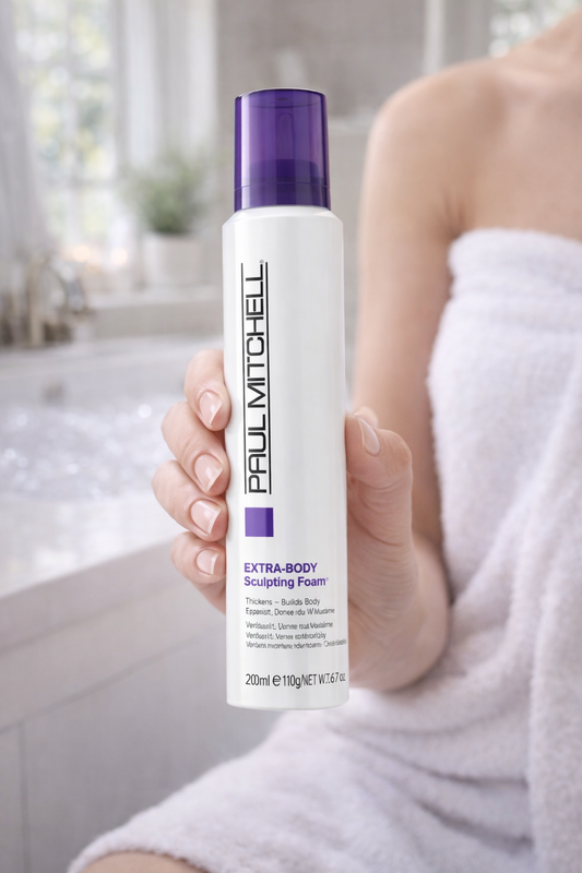 Extra Body Sculpting Foam Volumen Styling Schaum, Produktflasche in der Hand vor hellem Badezimmer Hintergrund, Paul Mitchell