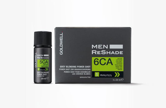 Graureduzierende Haarfarbe für Männer in Schaumform, schwarze Verpackung mit grauer Aufschrift Goldwell Men ReShade