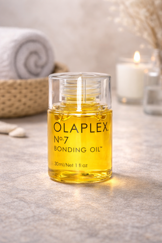 Olaplex No.7 Bonding Oil Produkt stehend auf neutralem Untergrund mit natürlicher Lichtstimmung – Olaplex