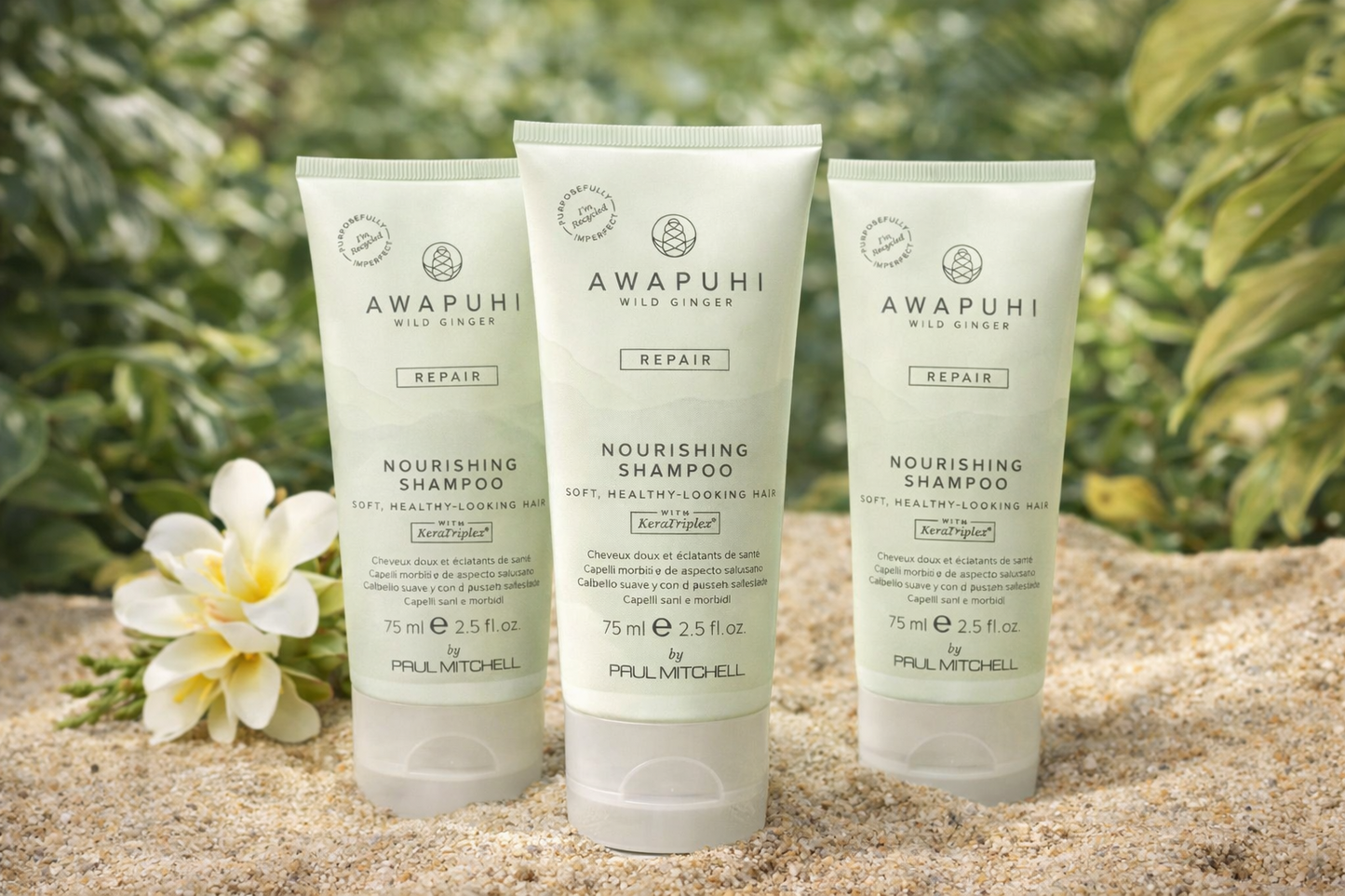 Awapuhi Repair Shampoo 75 ml, mehrere Shampoo Tuben natürlich nebeneinander arrangiert, Paul Mitchell