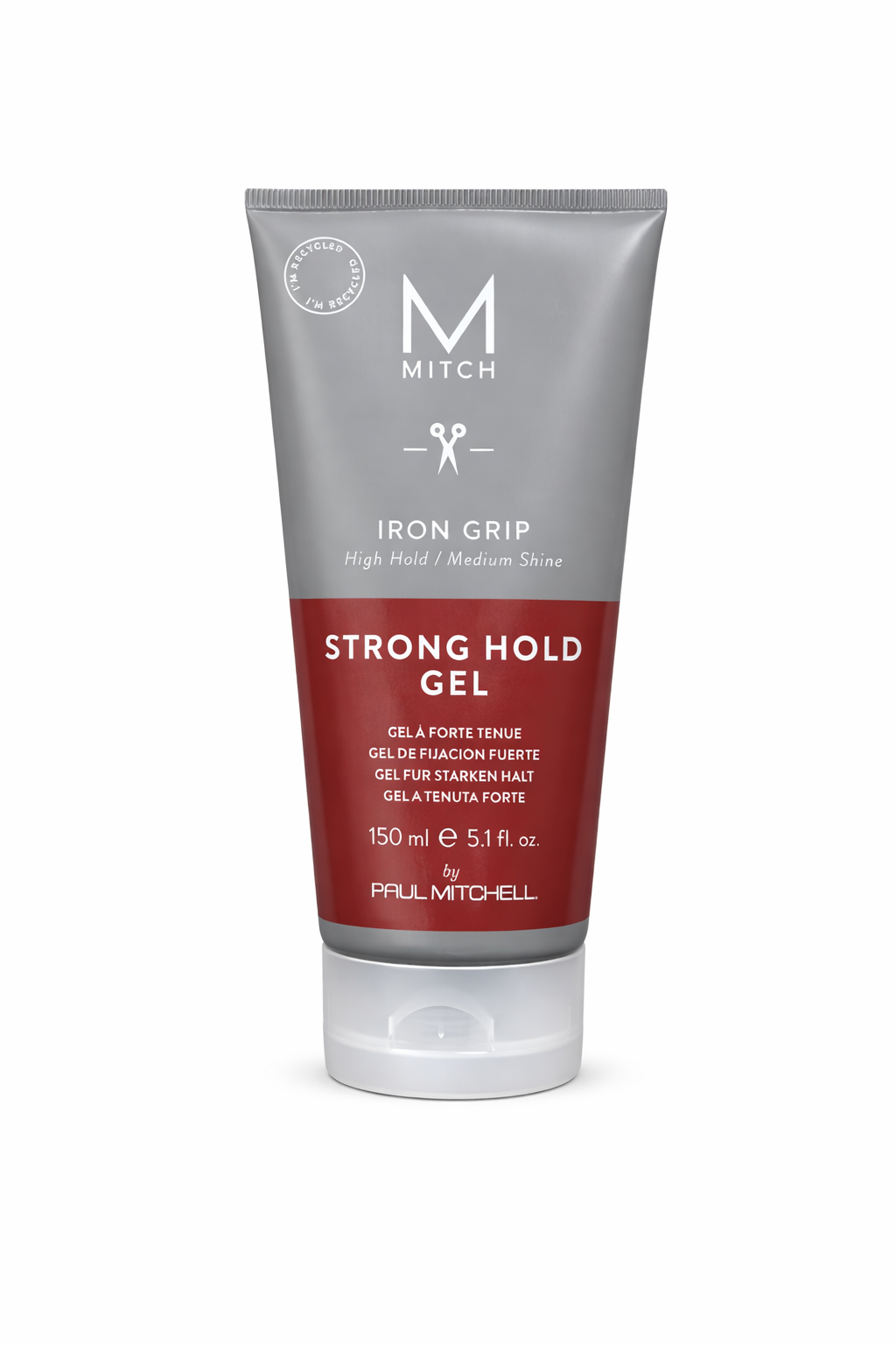 Mitch Iron Grip Strong Hold Gel graue Tube mit rotem Etikett freigestellt – Paul Mitchell