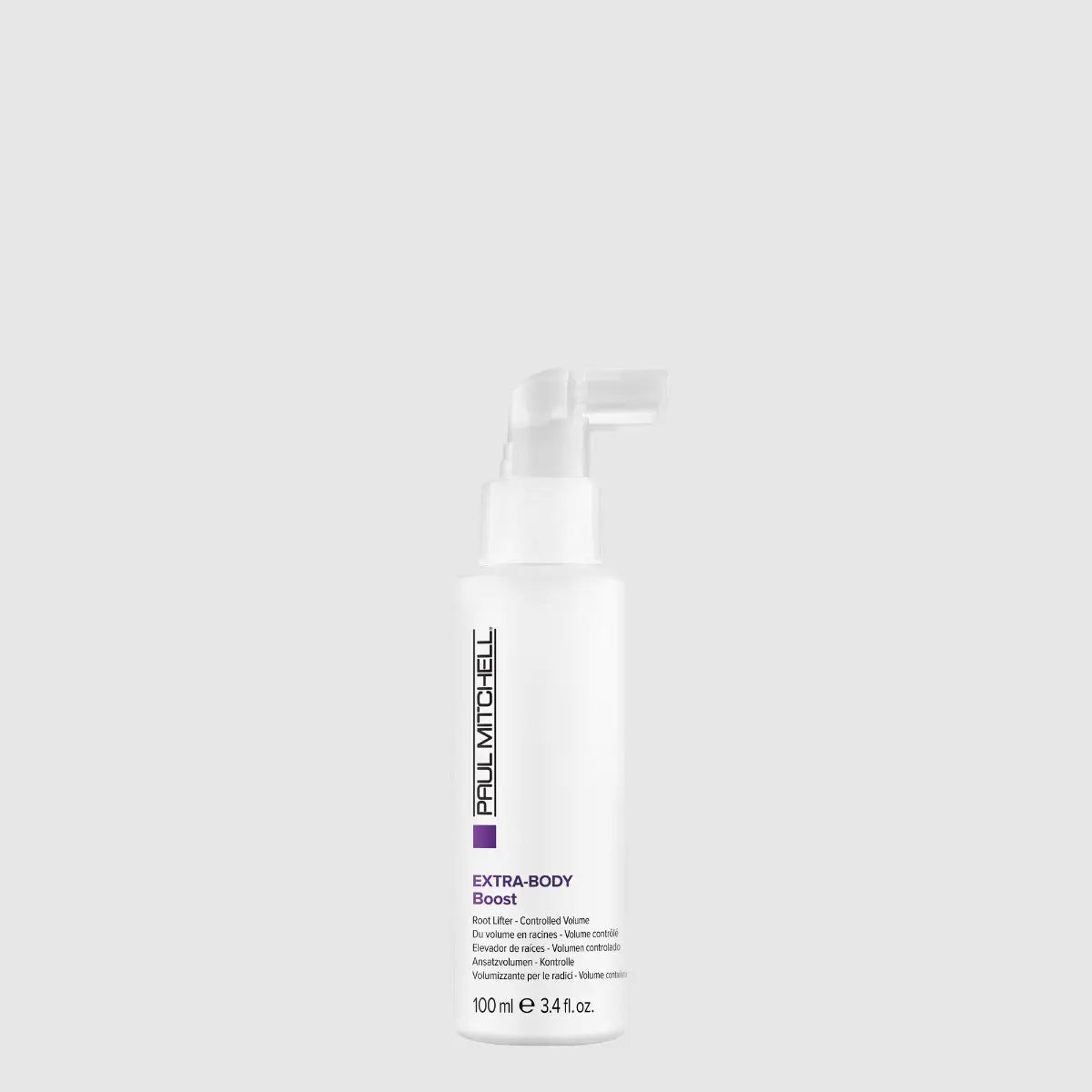 Volumenspray für feines Haar mit Panthenol & Ingwer, transparente Sprühflasche mit lila Etikett – Paul Mitchell Extra-Body Boost