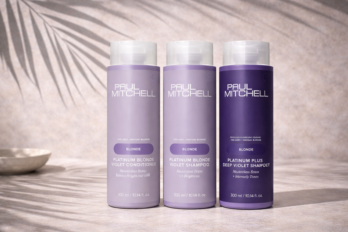 Platinum Blonde Serie Haarpflege Set mit Violet Conditioner Violet Shampoo und Deep Violet Shampoo im Schattenspiel, Paul Mitchell