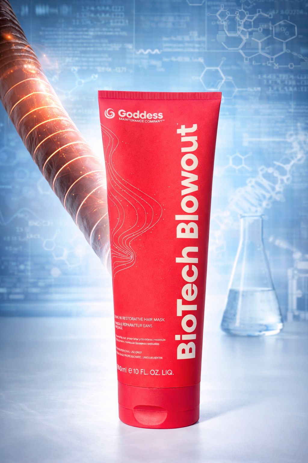 BioTech Blowout Leave in Haarmaske rote Tube vor modernem Science Hintergrund mit technischer Anmutung – Goddess