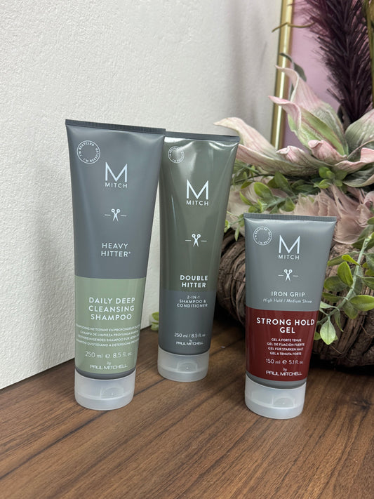 Paul Mitchell MITCH Männerpflege mit Heavy Hitter Shampoo, Double Hitter 2-in-1 Shampoo und Iron Grip Strong Hold Gel