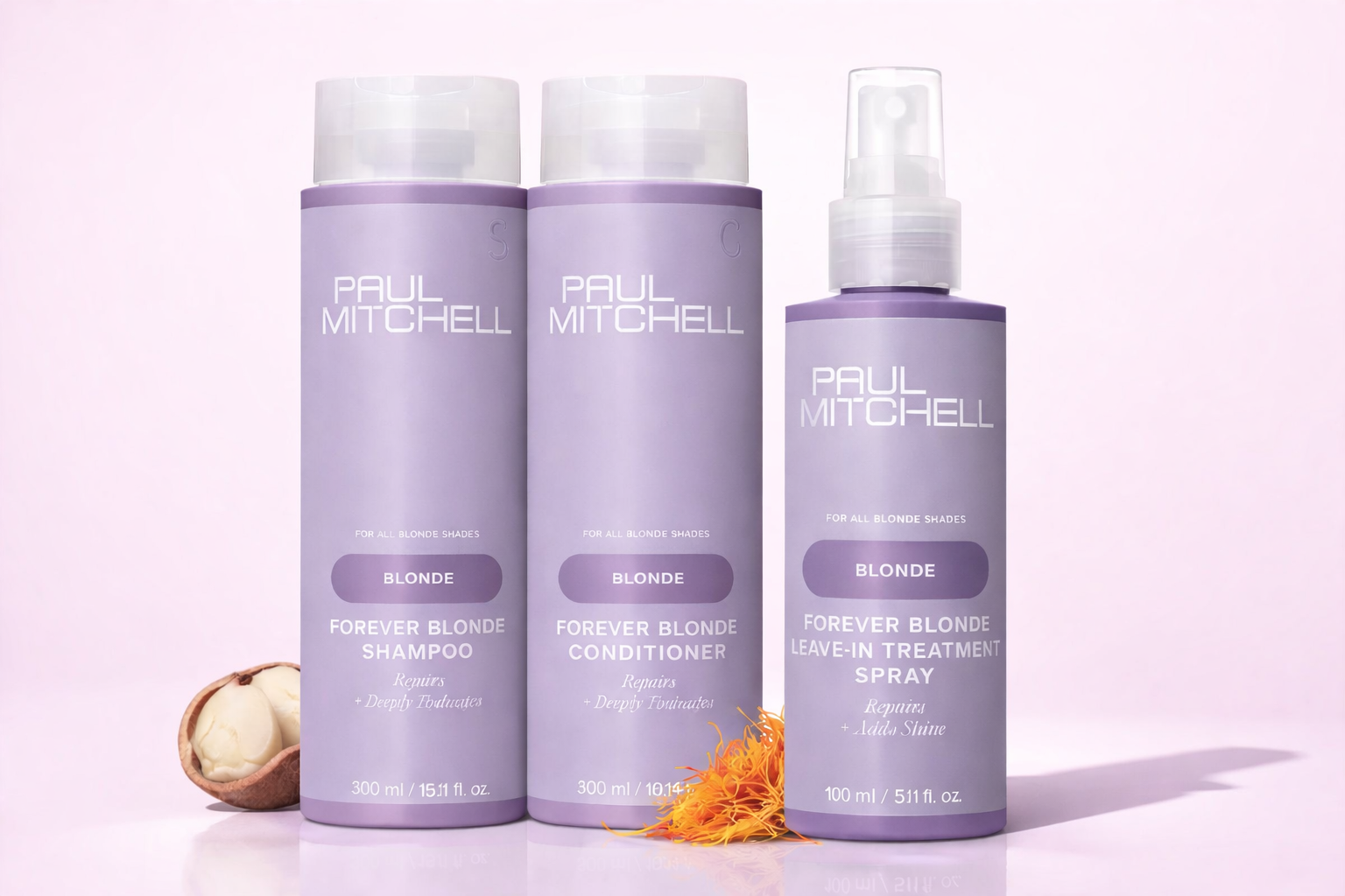 Paul Mitchell Forever Blonde Set Blondpflege mit Shampoo Conditioner und Leave In Spray, drei Produktflaschen nebeneinander – Paul Mitchell