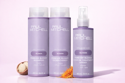 Paul Mitchell Forever Blonde Set Blondpflege mit Shampoo Conditioner und Leave In Spray, drei Produktflaschen nebeneinander – Paul Mitchell