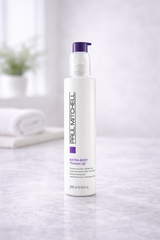 Extra Body Thicken Up Volumen Styling Lotion für feines Haar, Produktflasche auf neutraler heller Oberfläche mit weichem Hintergrund, Paul Mitchell