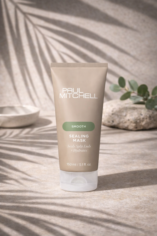 Smooth Sealing Mask glättende Haarmaske mit Licht und Palmblatt Schatten auf beigem Untergrund – Paul Mitchell