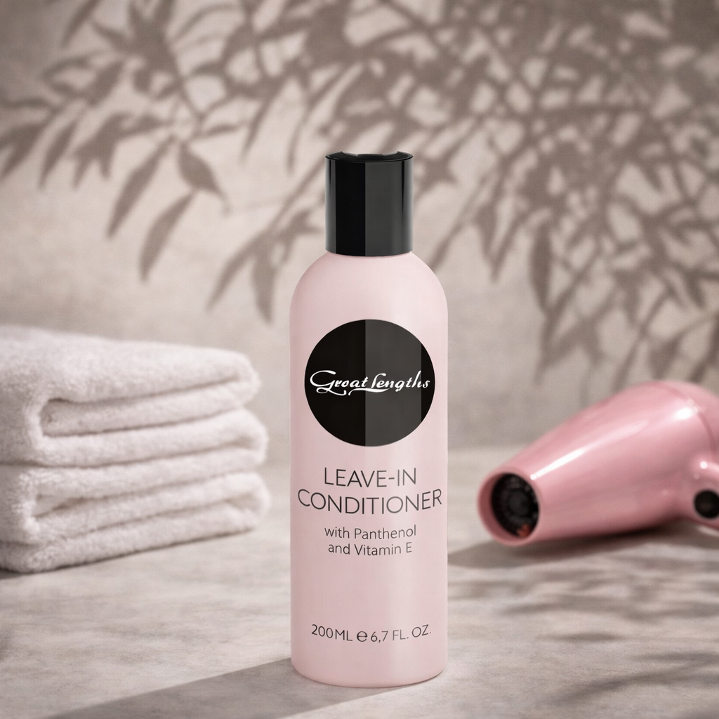 Great Lengths Leave In Conditioner, Pflegeflasche mit Handtuchstapel und rosafarbenem Föhn im Badezimmer – Great Lengths