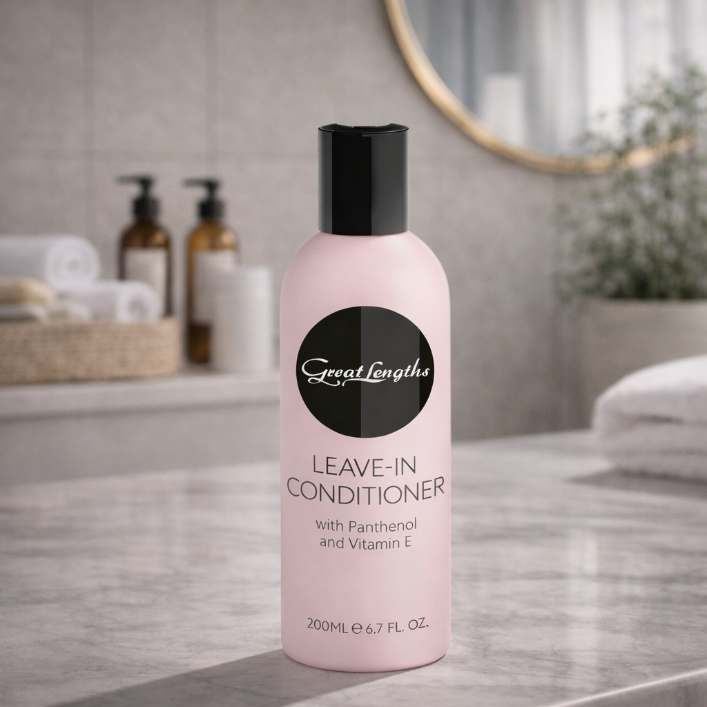 Great Lengths Leave In Conditioner, rosafarbene Flasche auf Marmortisch im Badezimmer mit Spiegel und Handtüchern – Great Lengths