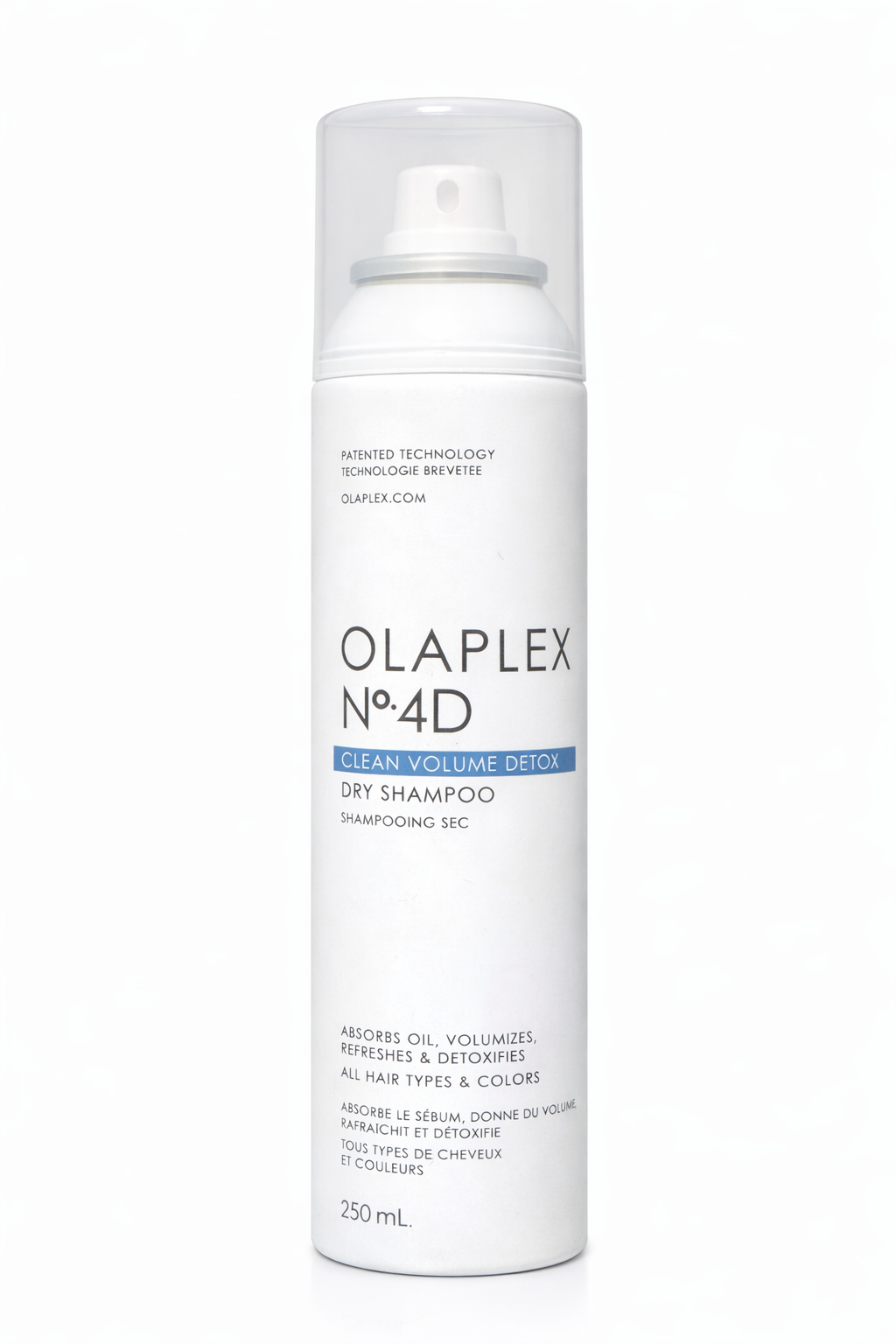 Olaplex No.4D Clean Volume Detox Dry Shampoo für frisches Haar, große Sprayflasche frontal vor weißem Hintergrund – Olaplex