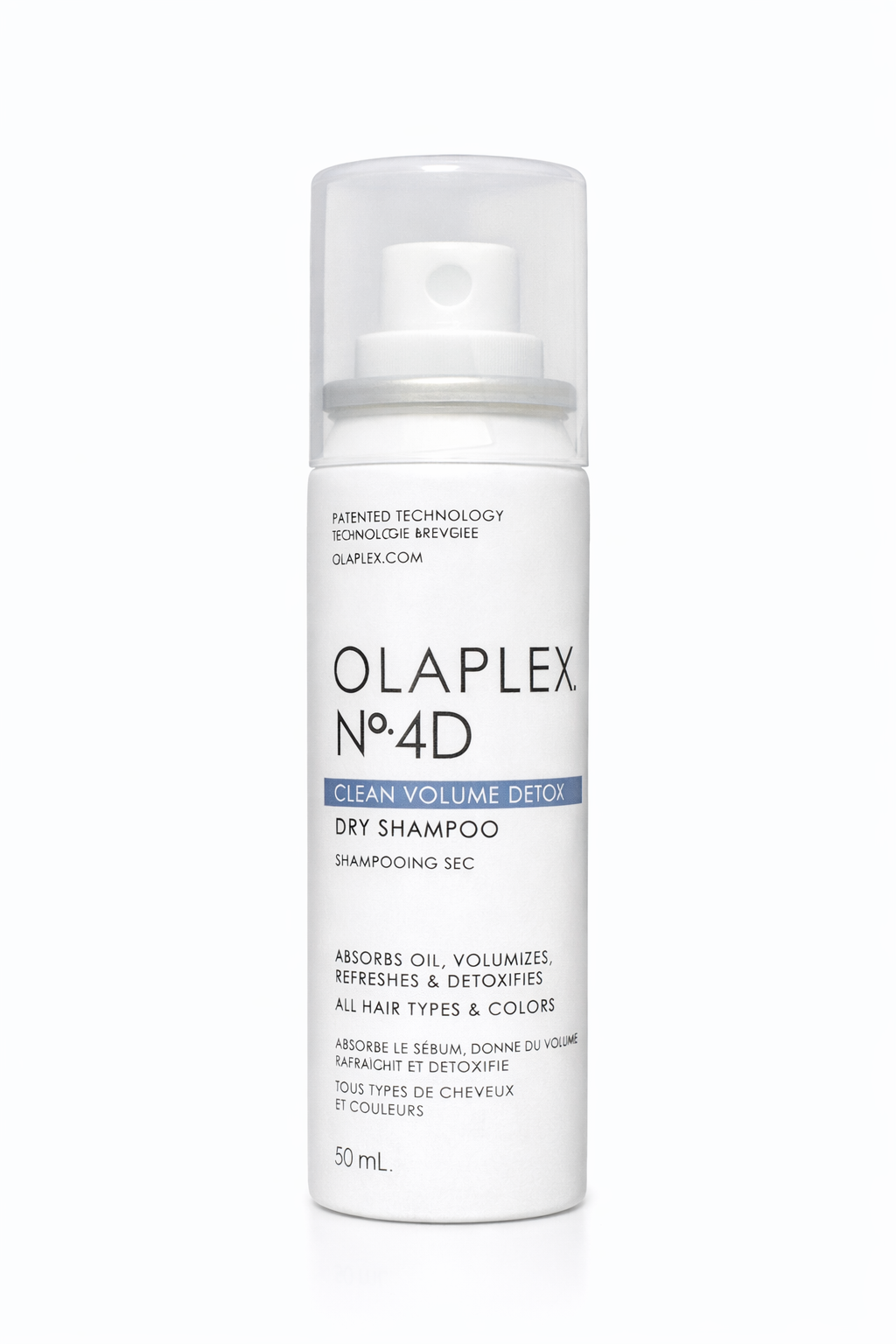 Olaplex No.4D Clean Volume Detox Dry Shampoo Reisegröße, kleine Sprayflasche frontal vor weißem Hintergrund – Olaplex