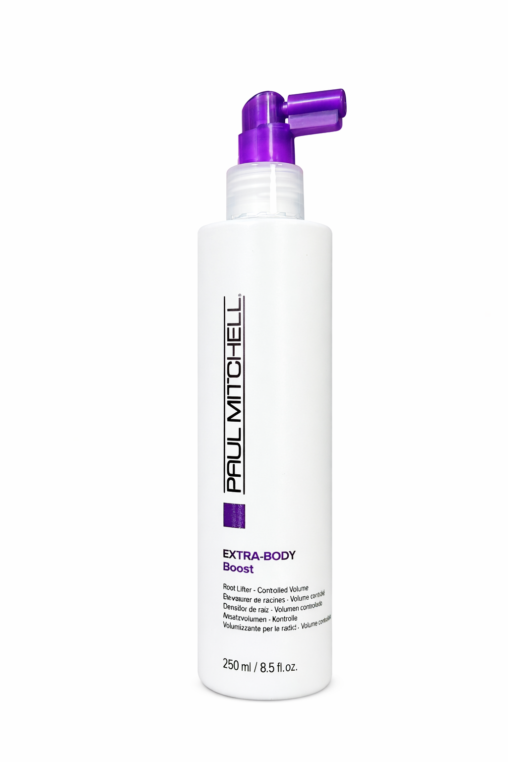 Ansatz Volumenspray Extra Body Boost in weißer Flasche mit violettem Sprühkopf freigestellt, Paul Mitchell