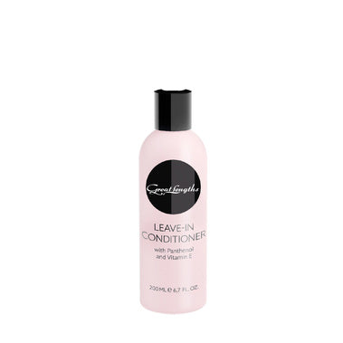 Great Lengths Leave In Conditioner, rosafarbene Pflegeflasche mit schwarzem Deckel vor weißem Hintergrund – Great Lengths