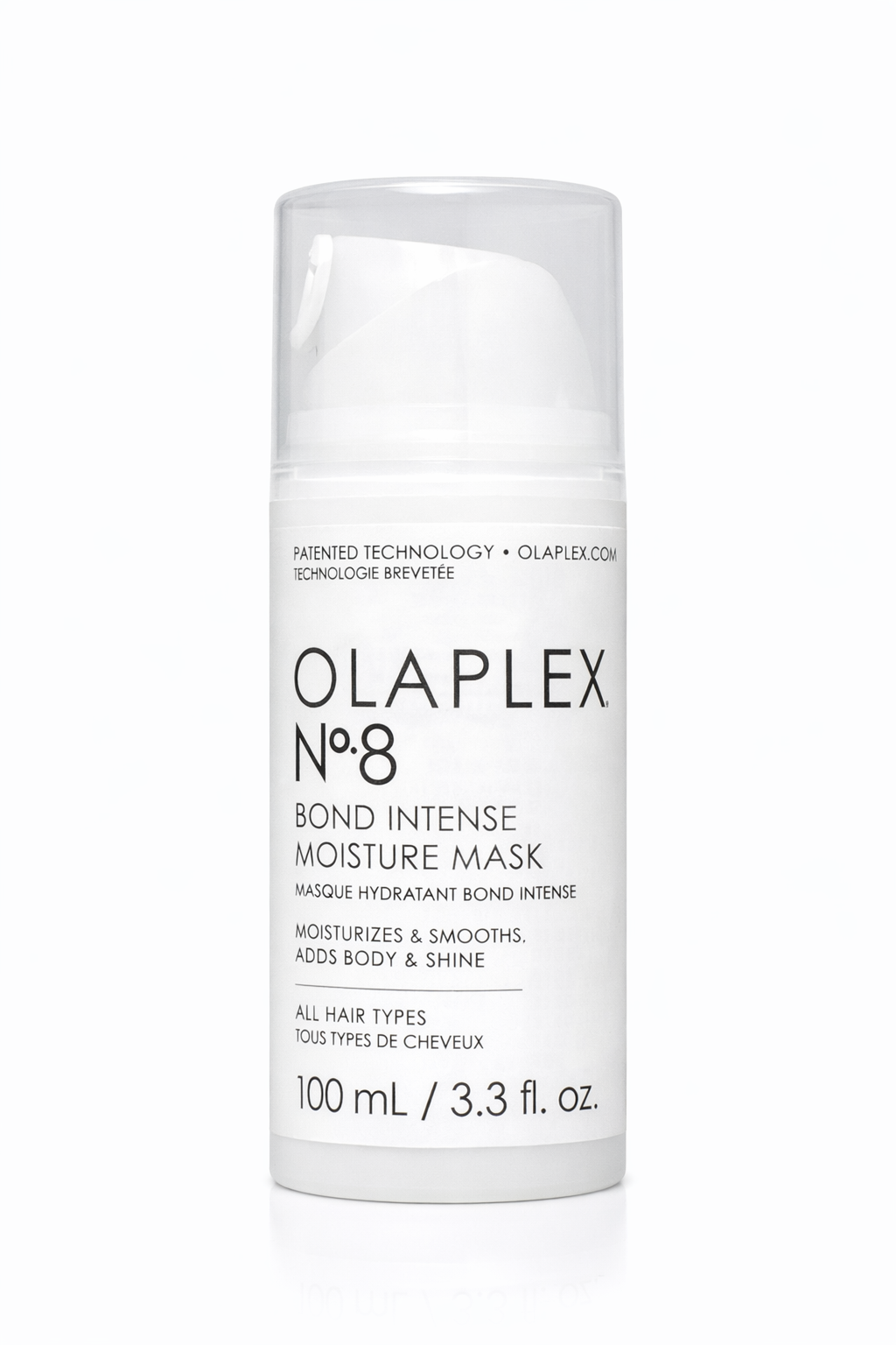 Olaplex No.8 Bond Intense Moisture Mask intensive Feuchtigkeitsmaske, Pumpflasche frontal vor weißem Hintergrund – Olaplex
