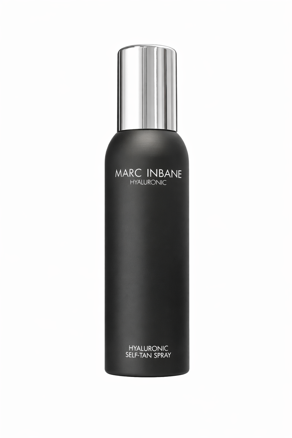 Marc Inbane Hyaluronic Self Tan Spray, schwarze Sprühflasche mit silbernem Verschluss auf weißem Hintergrund – Marc Inbane