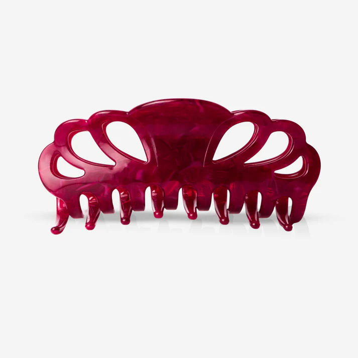 Haarklammer aus Cellulose Acetat in kräftigem Rot, Seitenansicht mit eng schließenden Greifern mit weißem Hintergrund, SASSTIE