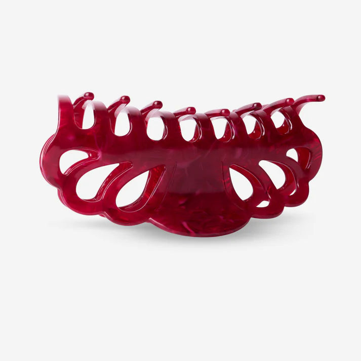 Haarklammer aus Cellulose Acetat in kräftigem Rot, Seitenansicht mit eng schließenden Greifern, SASSTIE