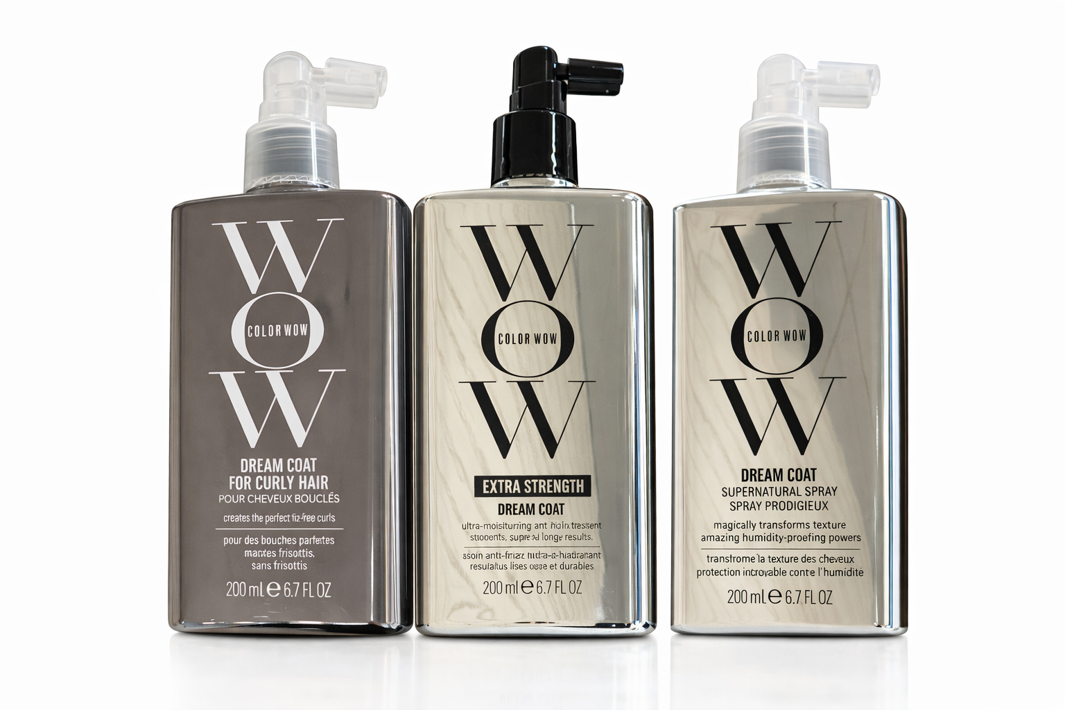 Color Wow Dream Coat Produktlinie drei Varianten nebeneinander freigestellt auf weißem Hintergrund – Color Wow