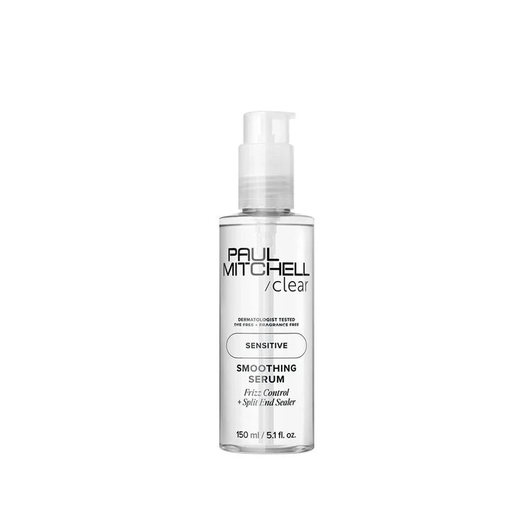 Paul Mitchell Clear Smoothing Serum Anti Frizz Serum für empfindliche Kopfhaut, glättet Haar und versiegelt Spitzen, transparente Flasche freigestellt auf weißem Hintergrund – Paul Mitchell