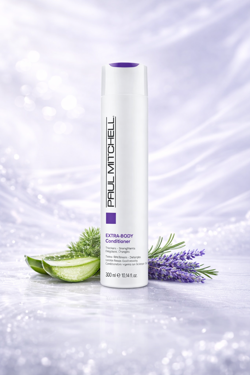 Extra Body Conditioner Volumen Pflege für feines Haar, Produktflasche mit modernen Hintergrund, Paul Mitchell