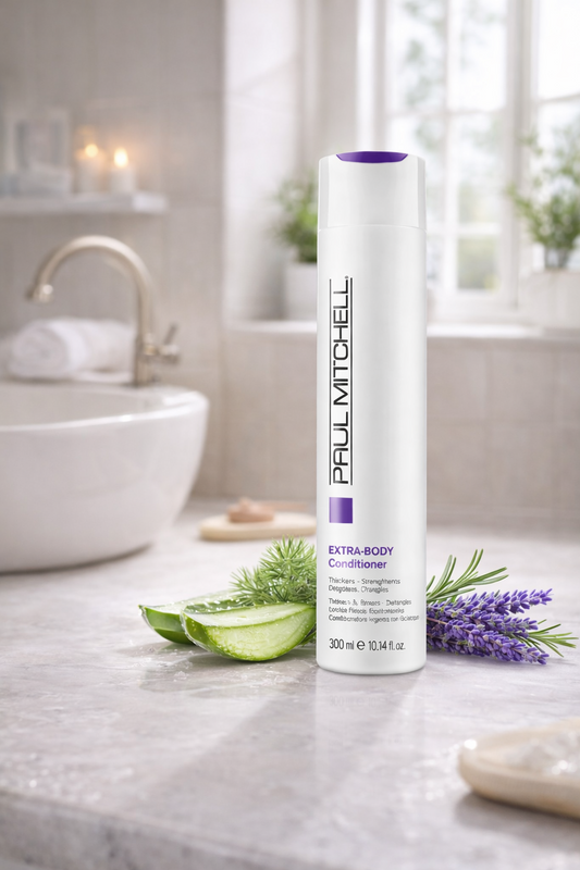 Extra Body Conditioner Volumen Pflege für feines Haar, Produktflasche am Waschbecken im modernen Badezimmer, Paul Mitchell