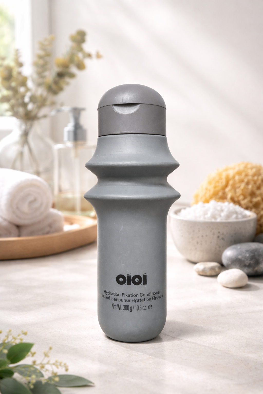 QiQi Hydration Fixation Conditioner graue Conditioner Flasche auf modernem strukturiertem Hintergrund QiQi