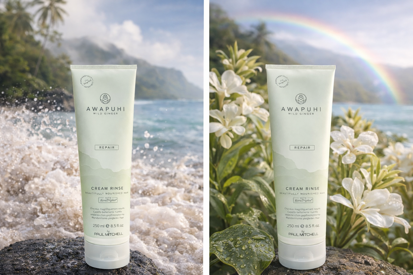 Awapuhi Wild Ginger Repair Cream Rinse, liegende Tube mit Awapuhi Pflanze und weichem Licht – Paul Mitchell