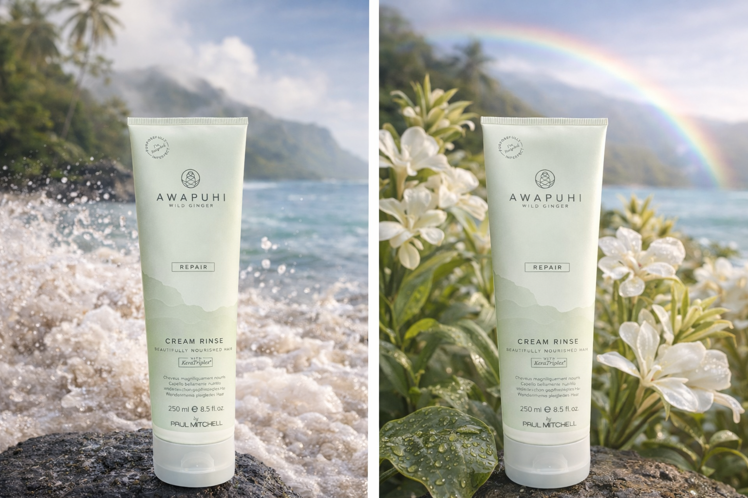 Awapuhi Wild Ginger Repair Cream Rinse, liegende Tube mit Awapuhi Pflanze und weichem Licht – Paul Mitchell