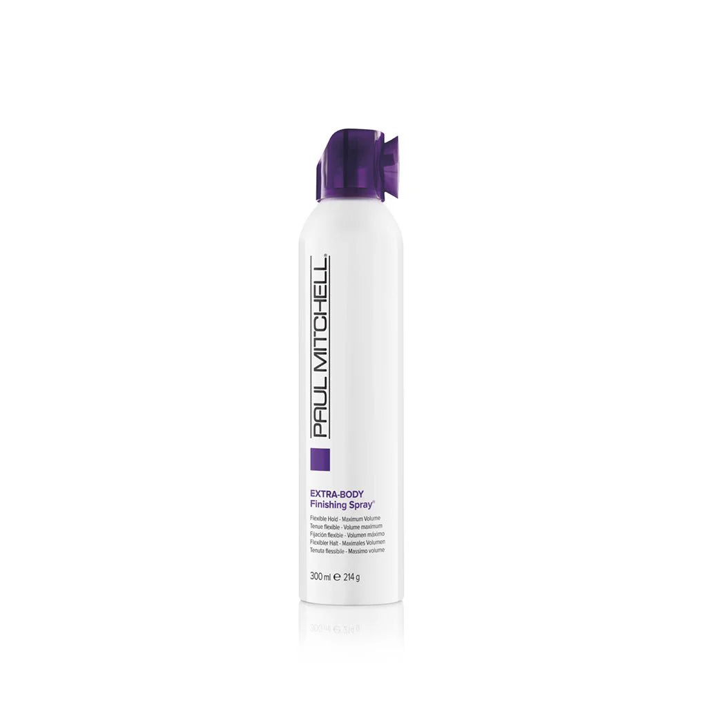 Extra Body Finishing Spray Volumen Haarspray für feines Haar, Produktflasche mit weißem Design vor weißem Hintergrund, Paul Mitchell