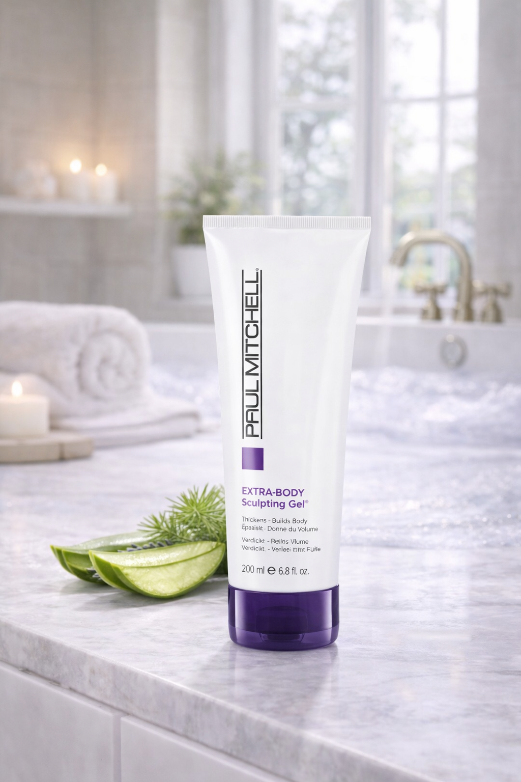 Extra Body Sculpting Gel Volumen Styling Gel für feines Haar, im hellen Badezimmer Ambiente, Paul Mitchell