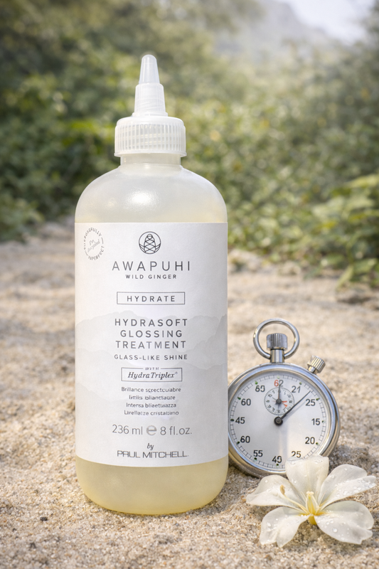 Awapuhi Hydrasoft Glossing Treatment 236 ml für schnelle Glanzpflege, Flasche mit analoger Stoppuhr und Ingwer – Paul Mitchell