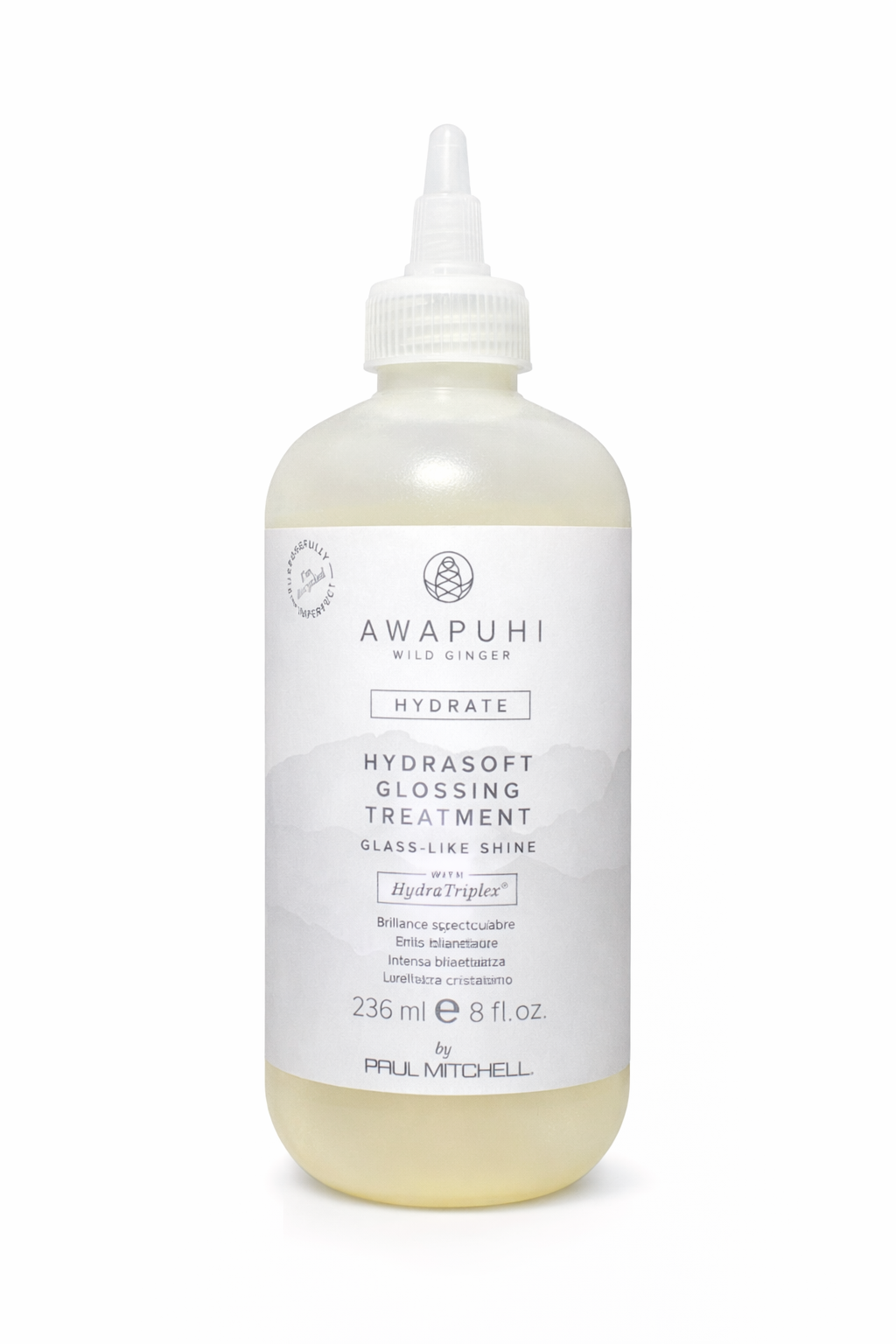 Awapuhi Hydrasoft Glossing Treatment 236 ml für Glanz und Geschmeidigkeit, transparente Flasche freigestellt vor weißem Hintergrund – Paul Mitchell