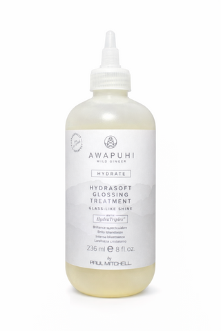 Awapuhi Hydrasoft Glossing Treatment 236 ml für Glanz und Geschmeidigkeit, transparente Flasche freigestellt vor weißem Hintergrund – Paul Mitchell