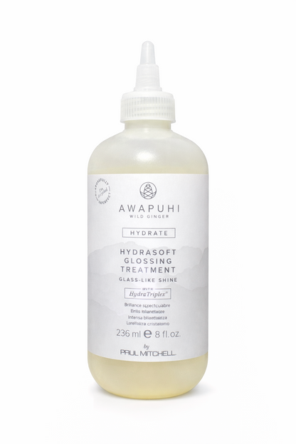 Awapuhi Hydrasoft Glossing Treatment 236 ml für Glanz und Geschmeidigkeit, transparente Flasche freigestellt vor weißem Hintergrund – Paul Mitchell