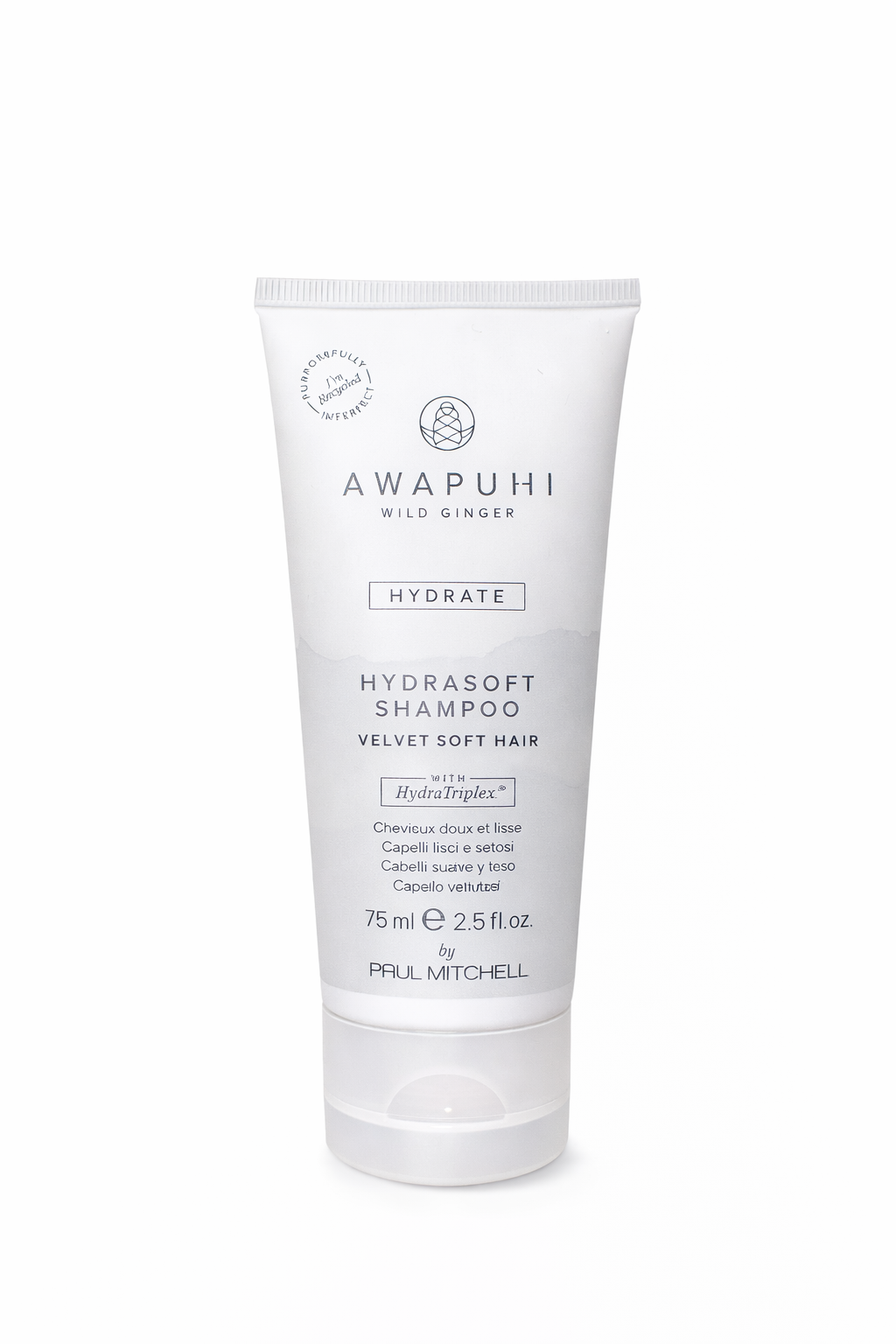 Awapuhi Hydrasoft Shampoo 75 ml für trockenes Haar, pastellblaue Tube freigestellt vor weißem Hintergrund – Paul Mitchell