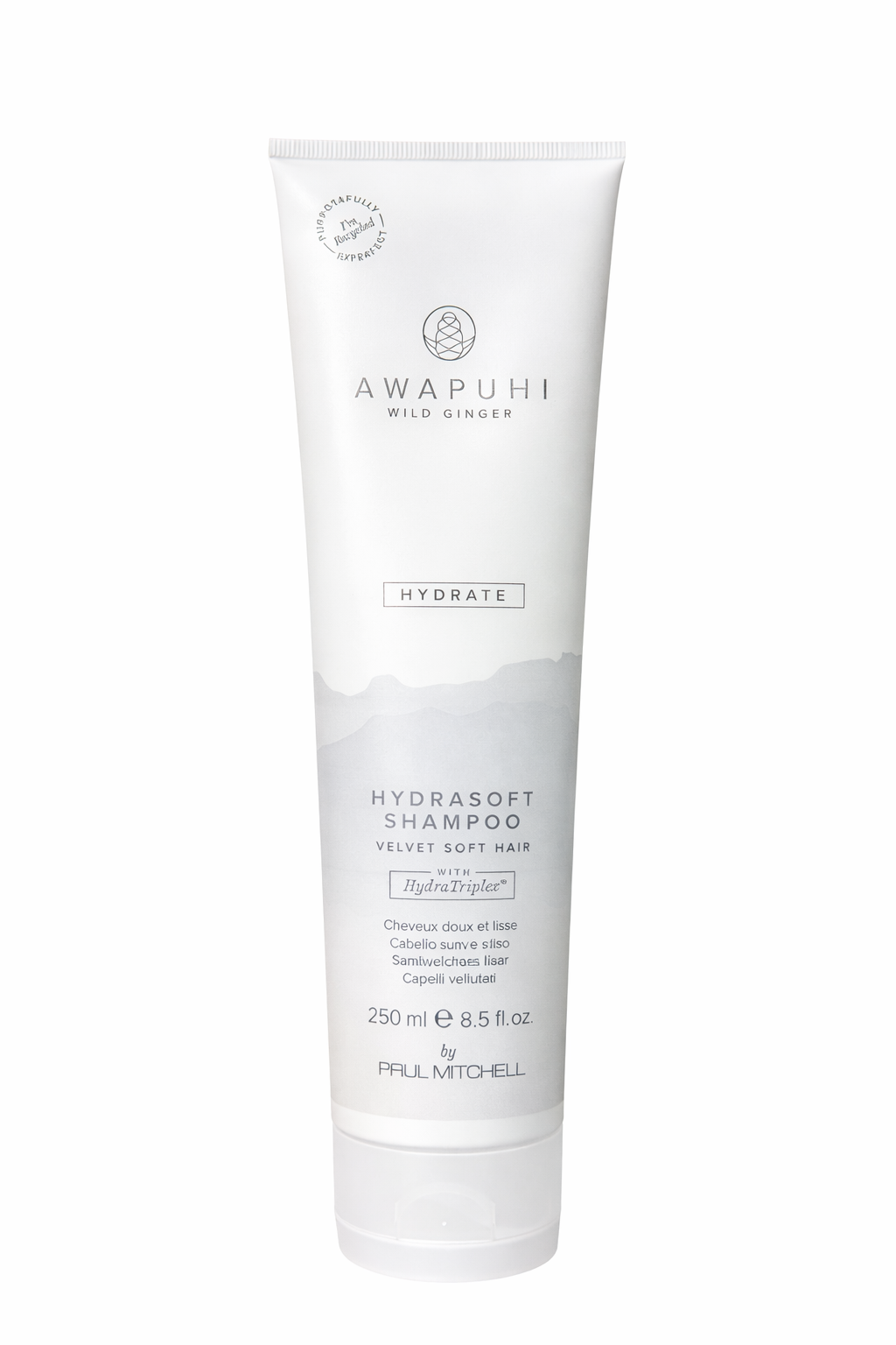 Awapuhi Hydrate Shampoo für trockenes Haar, pastellblaue Tube freigestellt vor weißem Hintergrund – Paul Mitchell