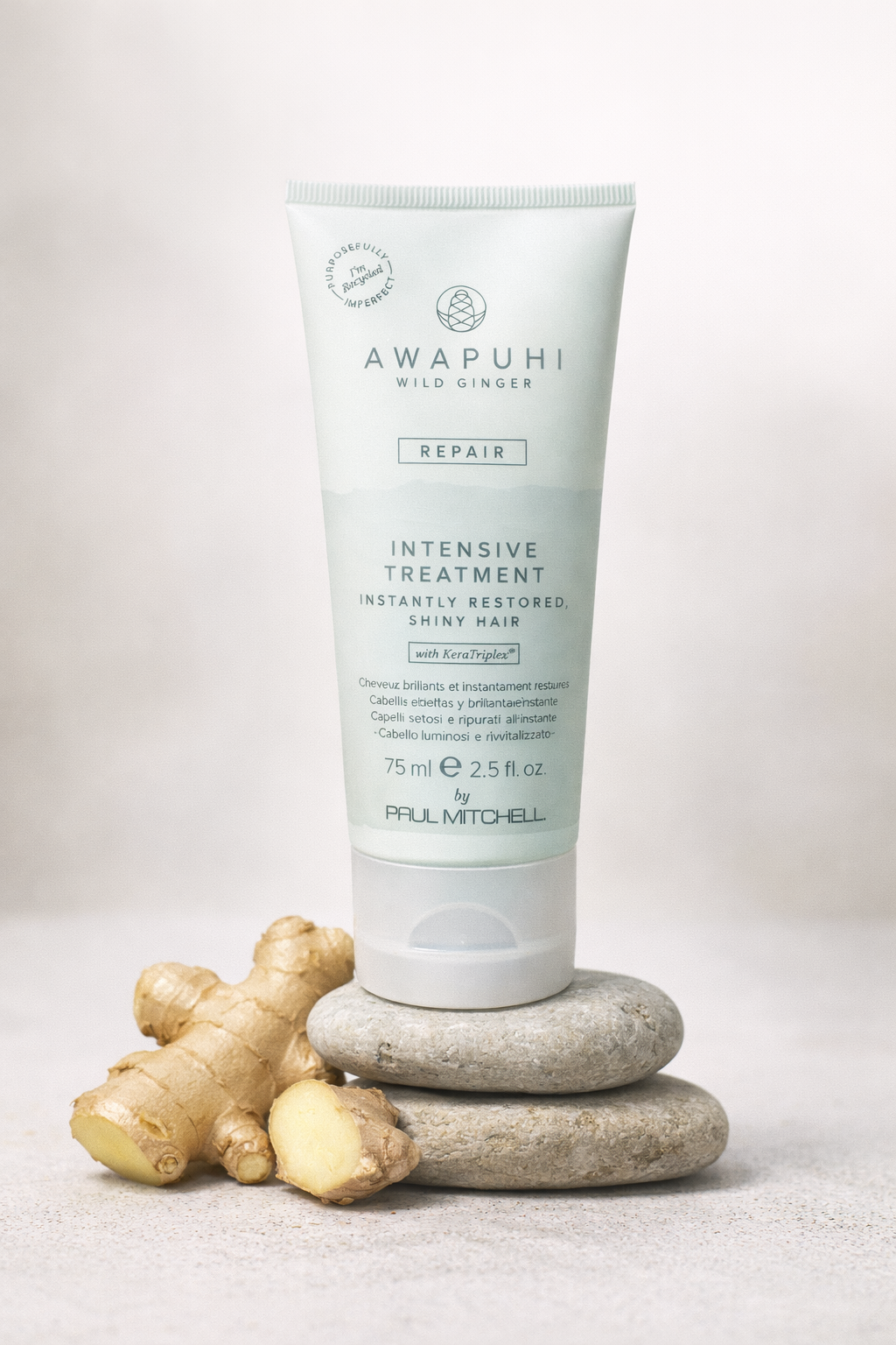 Awapuhi Repair Intensive Treatment 75 ml, Tube auf Steinpodest mit Ingwerwurzel, Paul Mitchell