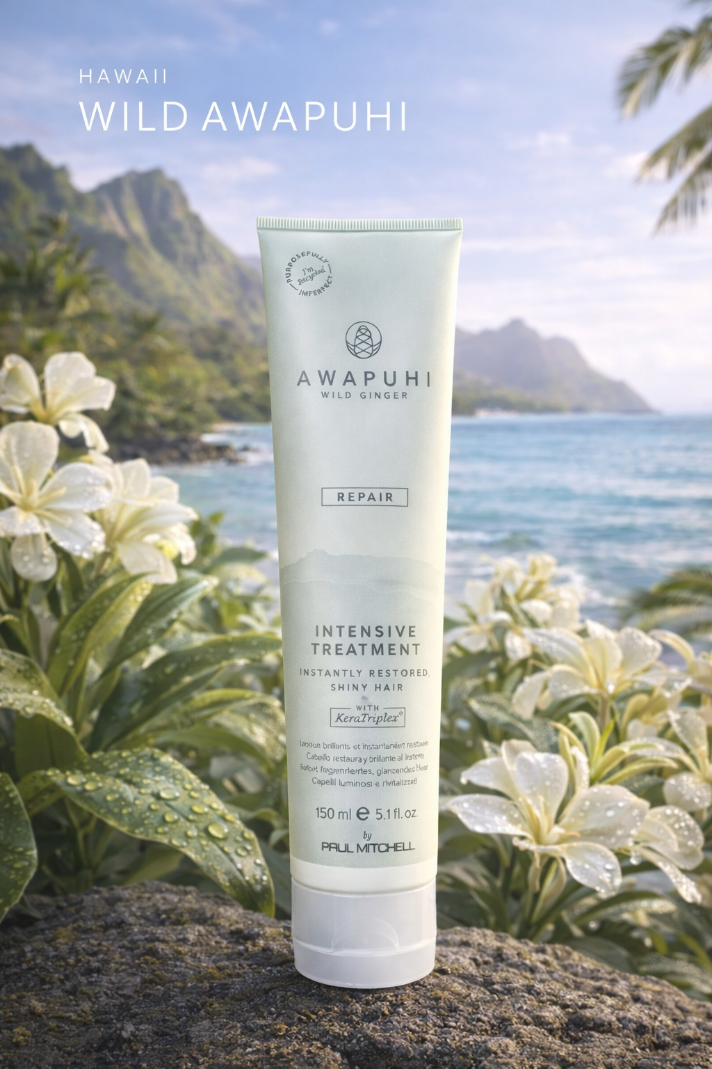 Awapuhi Wild Ginger Hydrate Hydrasoft Shampoo, liegende Tube mit Awapuhi Pflanze und Sandstruktur – Paul Mitchell